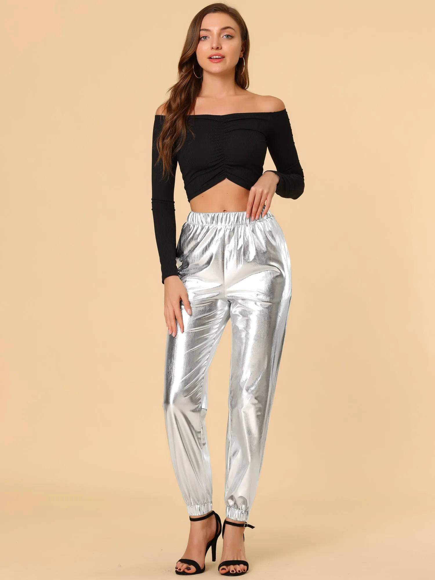 Metallic Trousers Shiny Sparkle Elastic Waist Holographic Pants