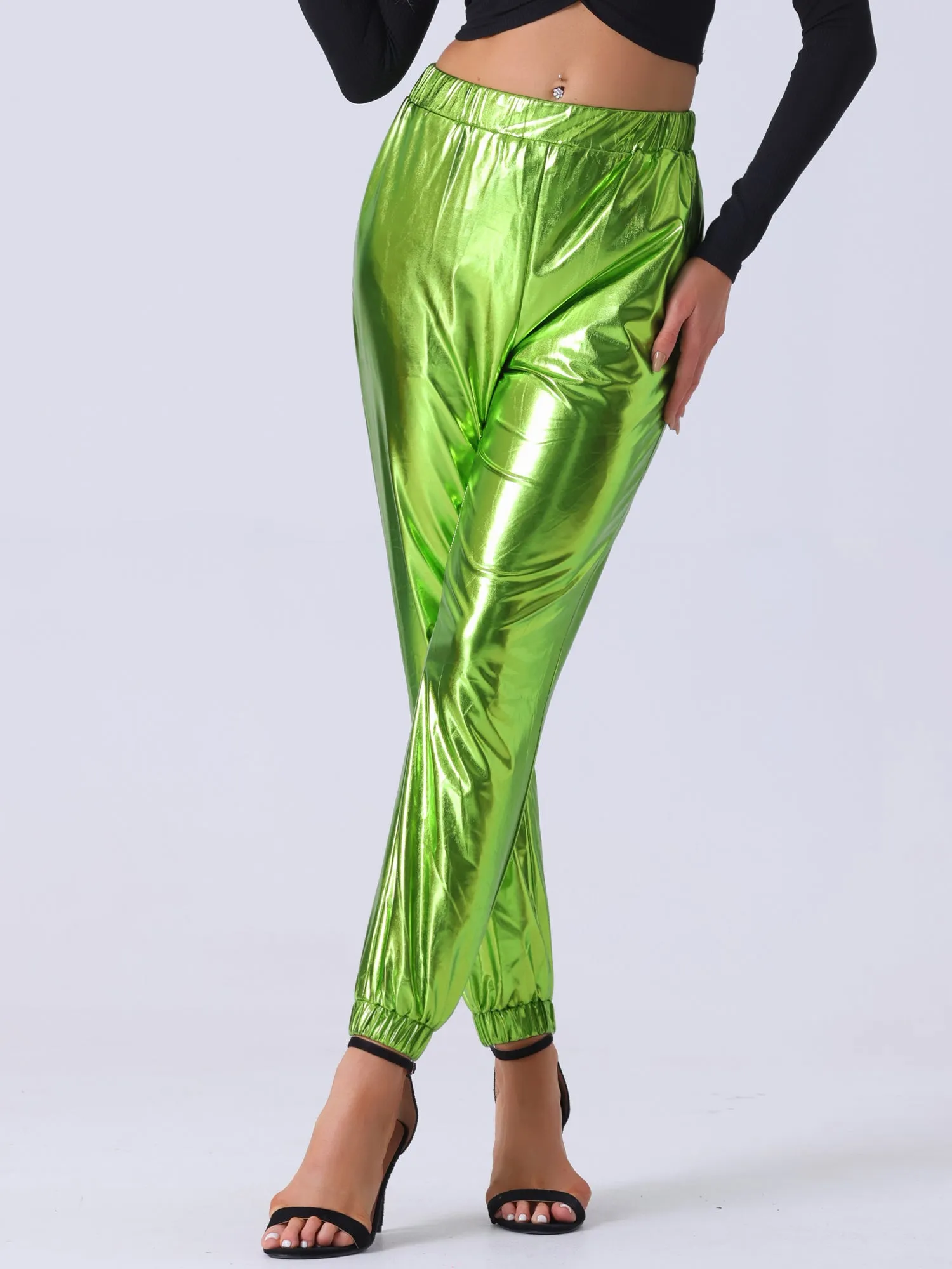 Metallic Trousers Shiny Sparkle Elastic Waist Holographic Pants