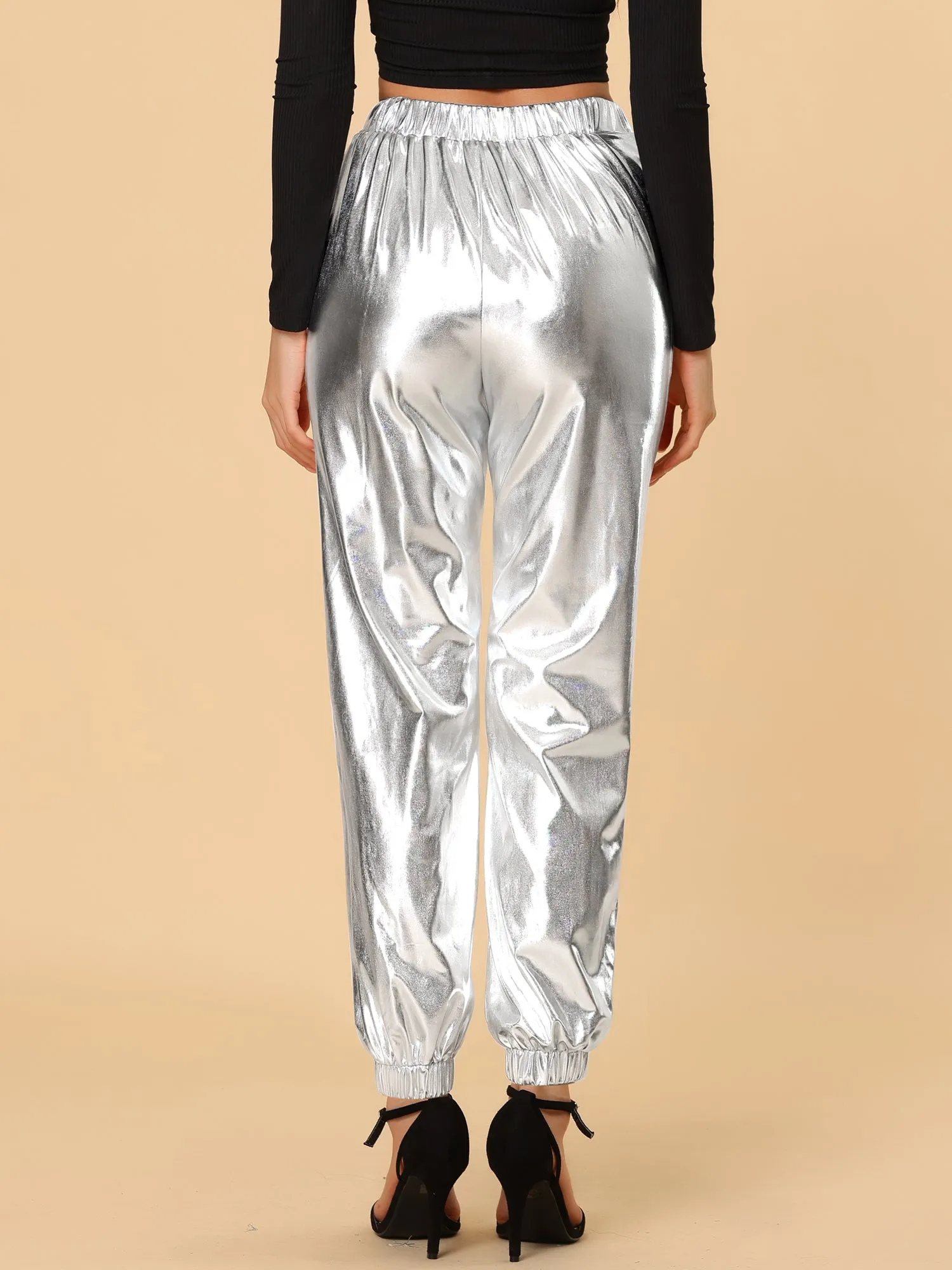 Metallic Trousers Shiny Sparkle Elastic Waist Holographic Pants