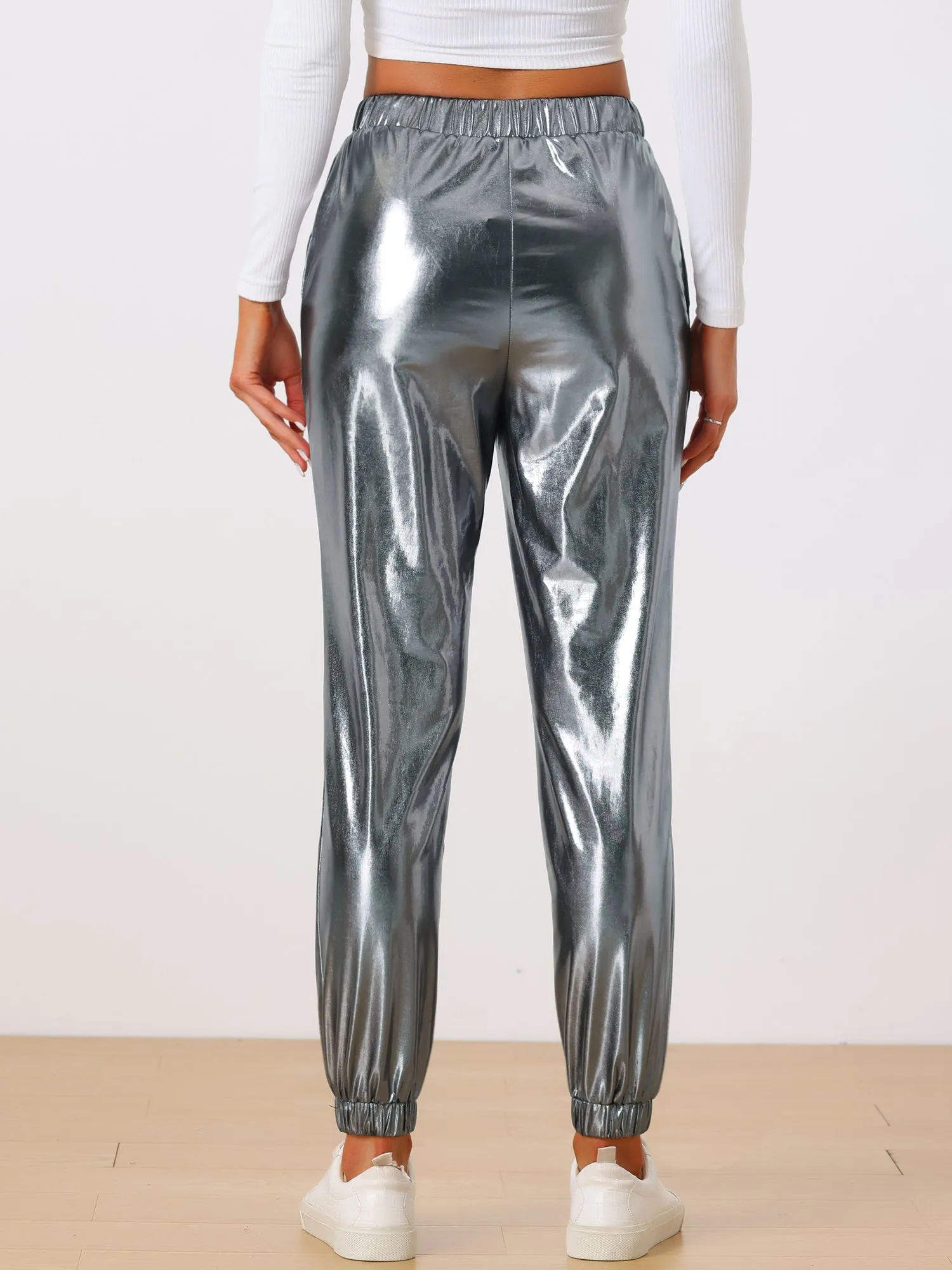 Metallic Trousers Shiny Sparkle Elastic Waist Holographic Pants