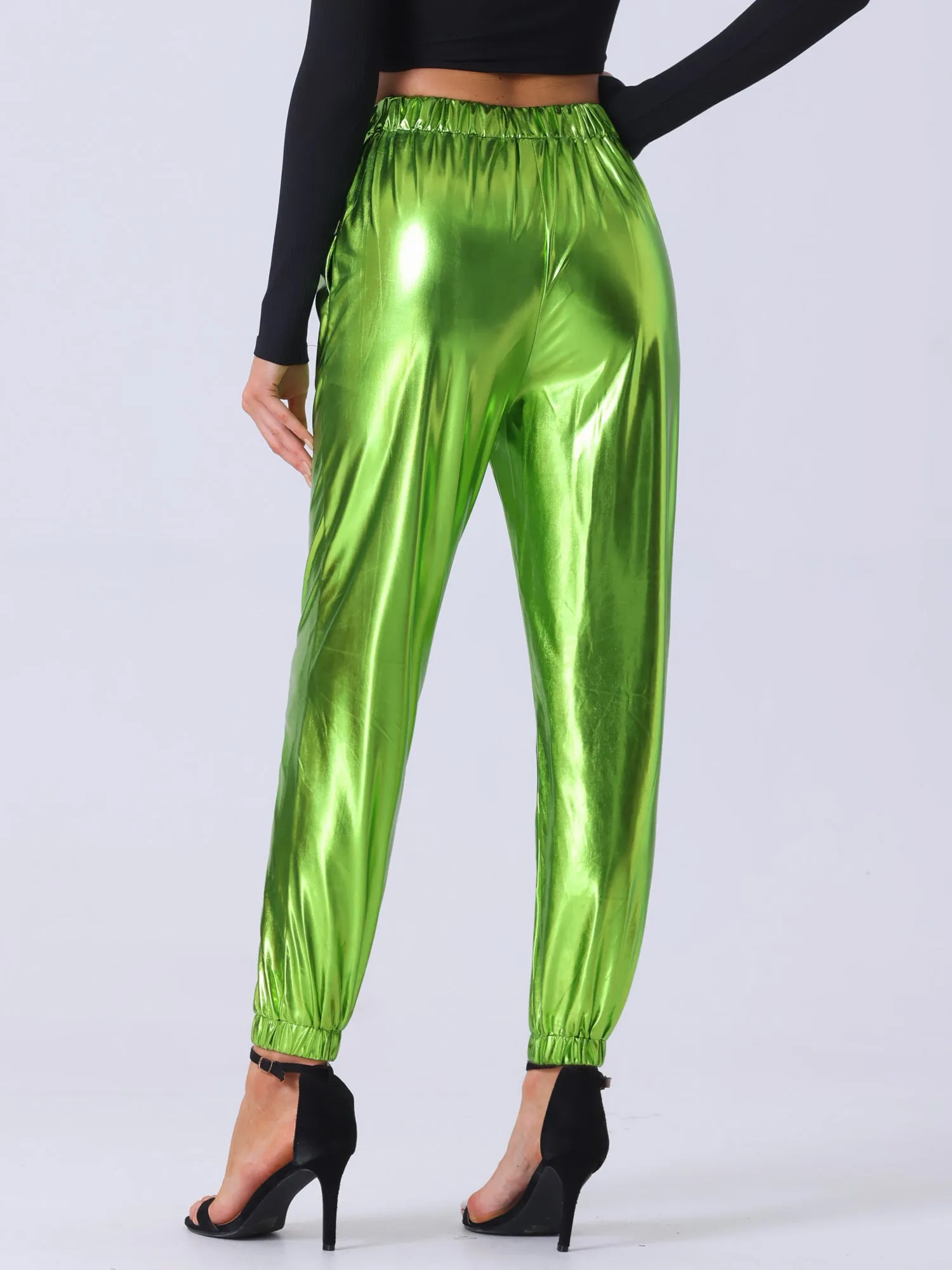 Metallic Trousers Shiny Sparkle Elastic Waist Holographic Pants