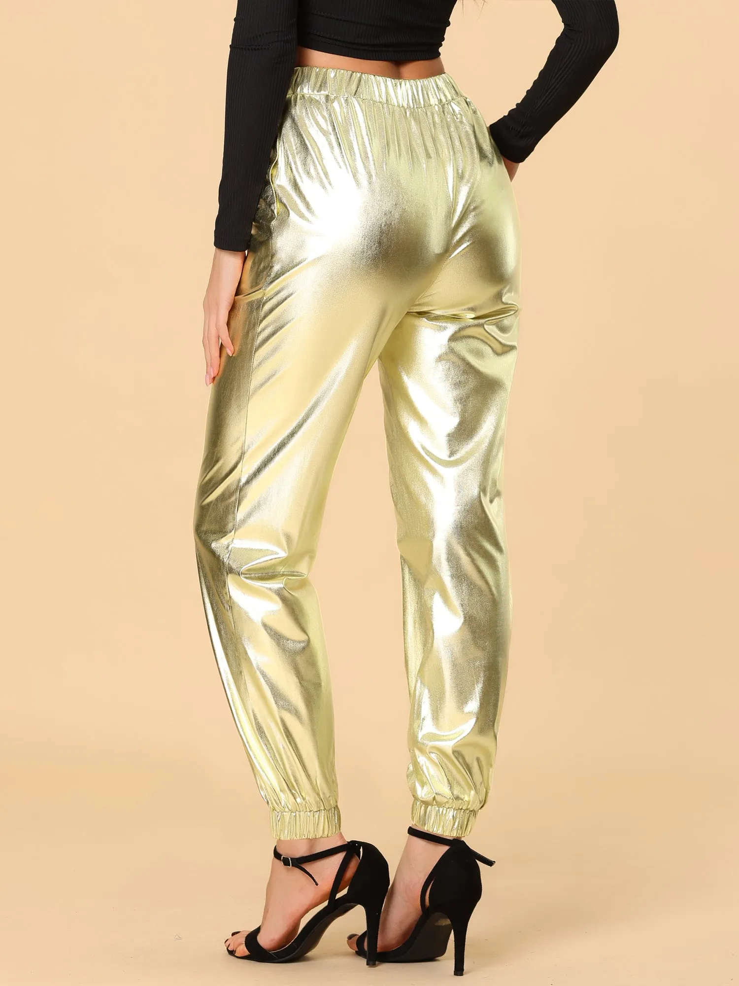 Metallic Trousers Shiny Sparkle Elastic Waist Holographic Pants