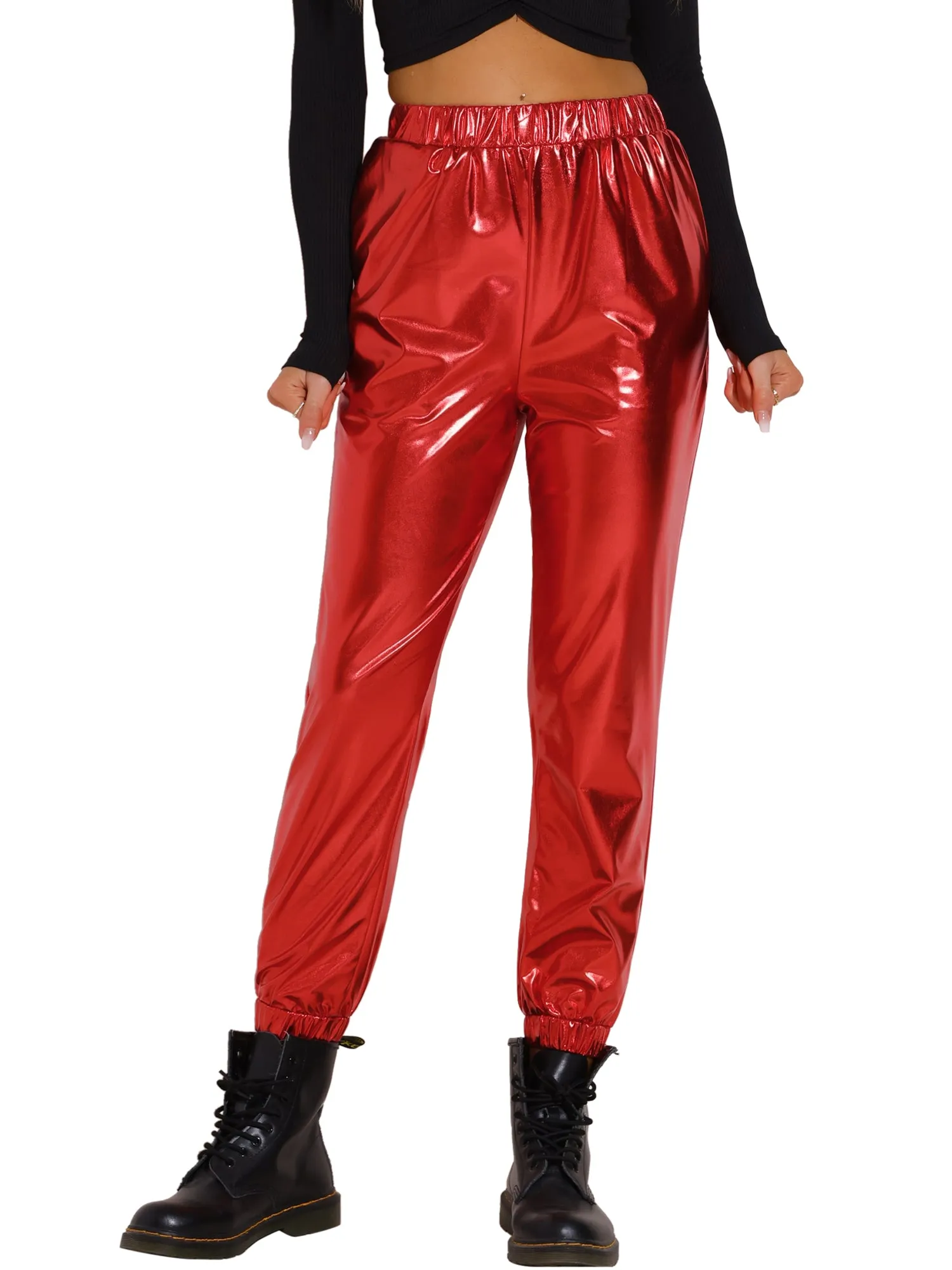 Metallic Trousers Shiny Sparkle Elastic Waist Holographic Pants