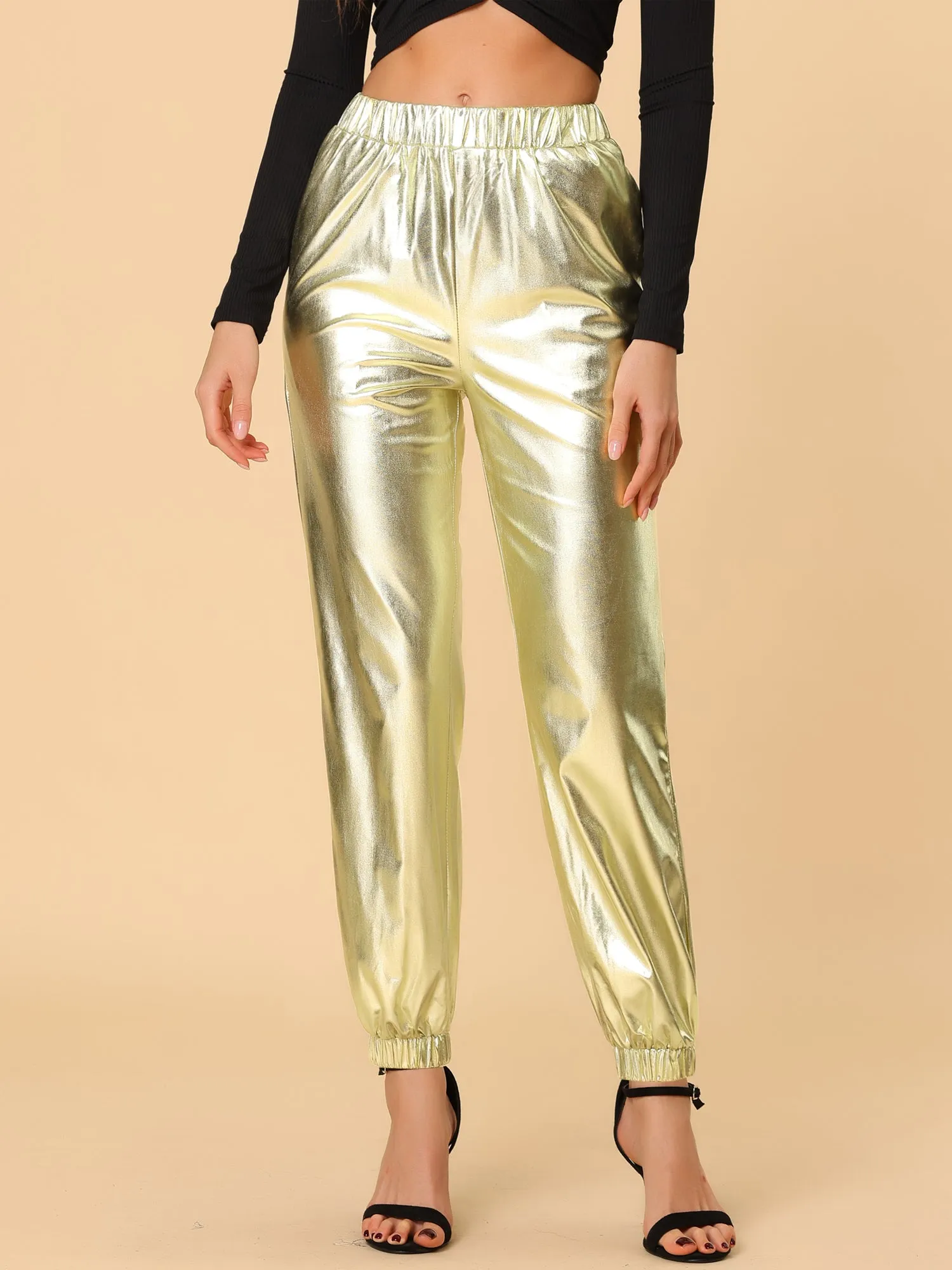 Metallic Trousers Shiny Sparkle Elastic Waist Holographic Pants