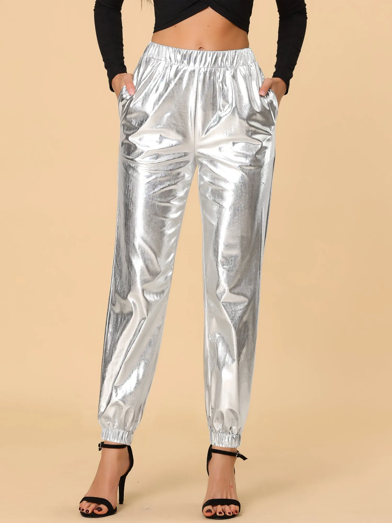 Metallic Trousers Shiny Sparkle Elastic Waist Holographic Pants