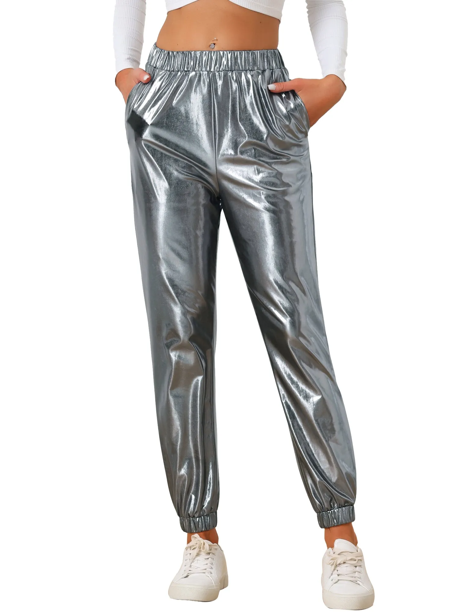 Metallic Trousers Shiny Sparkle Elastic Waist Holographic Pants