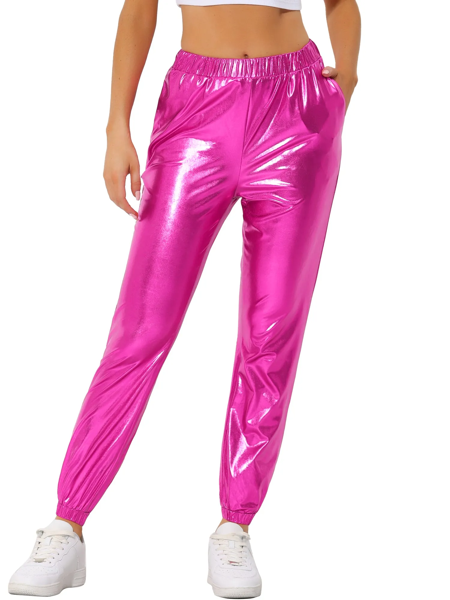 Metallic Trousers Shiny Sparkle Elastic Waist Holographic Pants