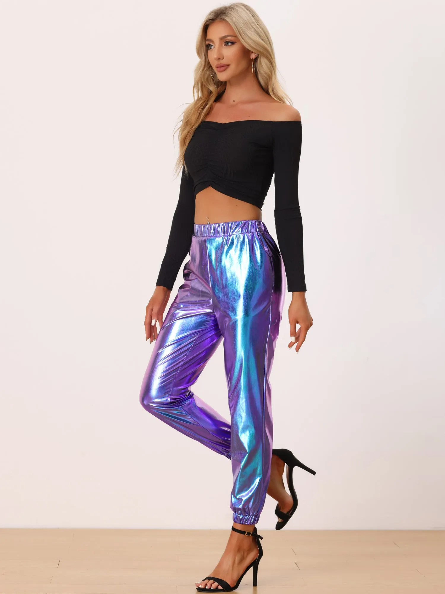 Metallic Trousers Shiny Sparkle Elastic Waist Holographic Pants