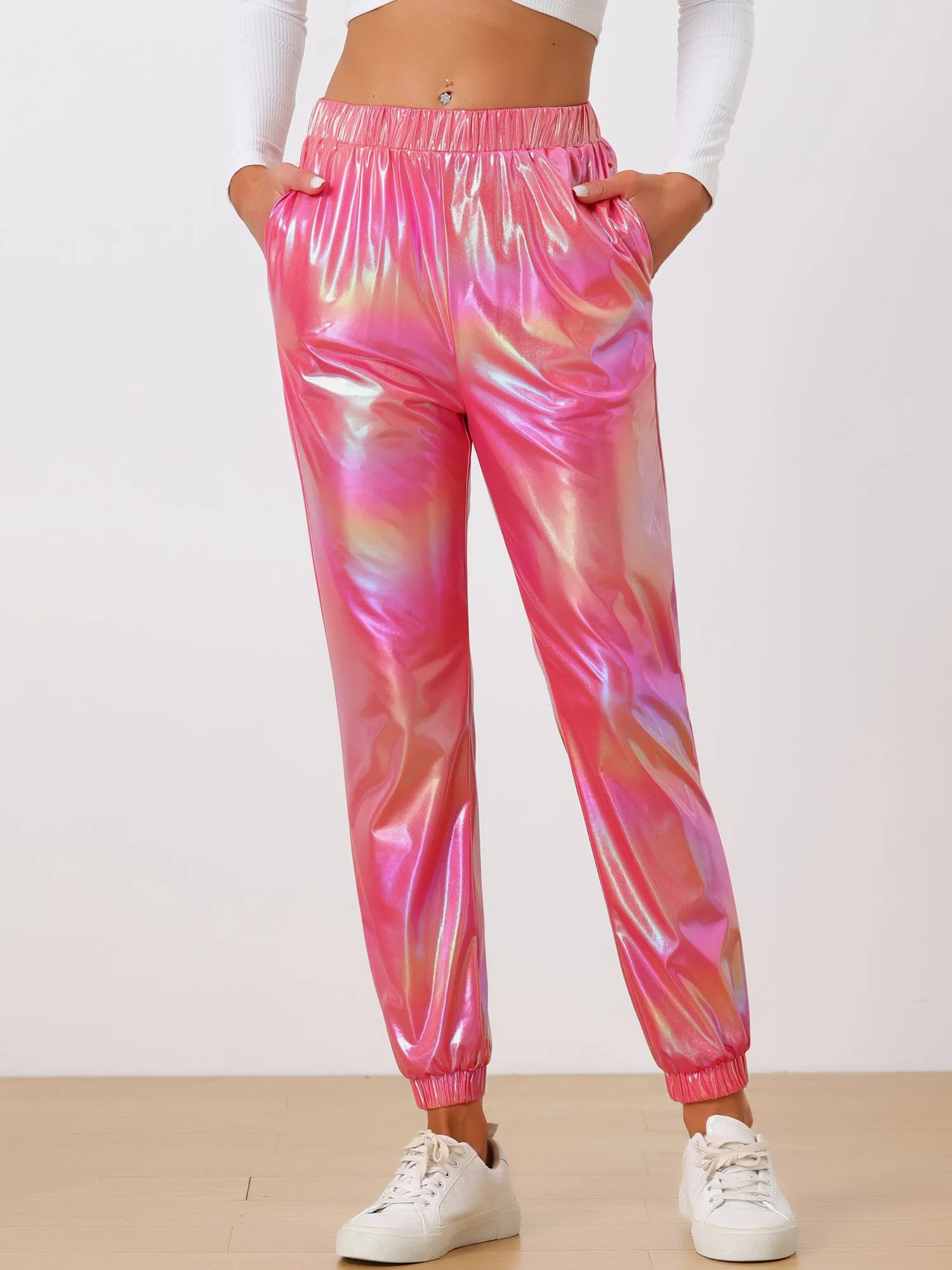 Metallic Trousers Shiny Sparkle Elastic Waist Holographic Pants