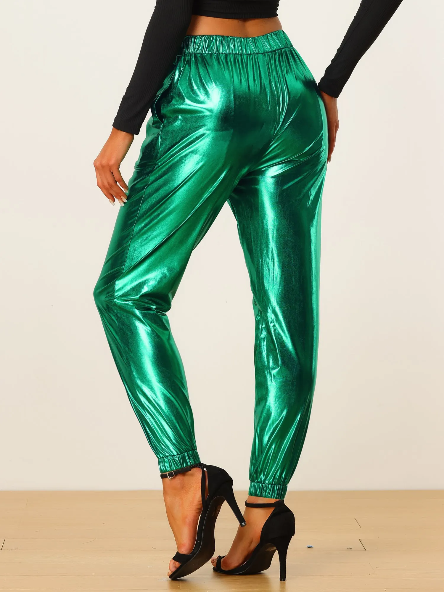 Metallic Trousers Shiny Sparkle Elastic Waist Holographic Pants