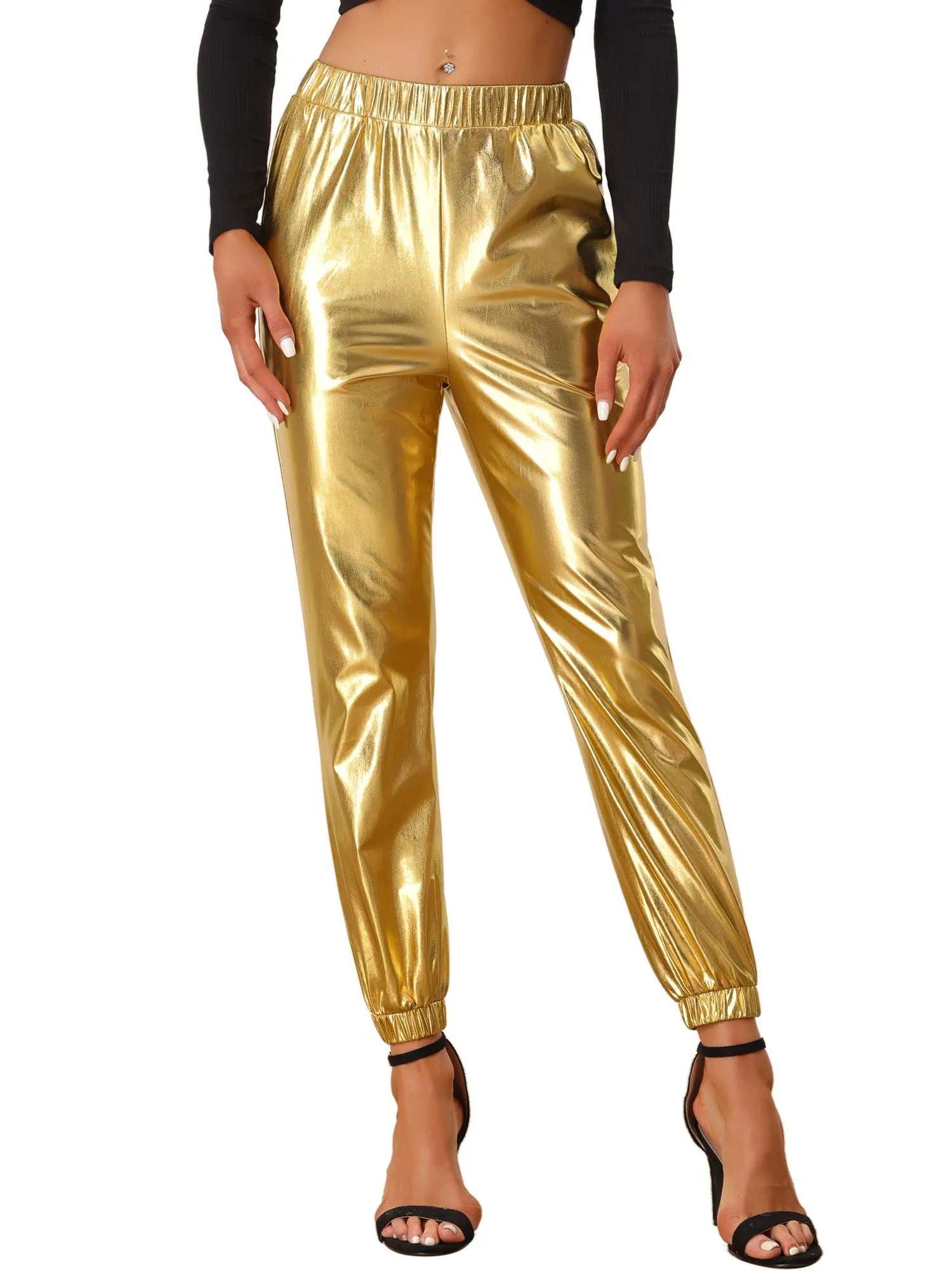 Metallic Trousers Shiny Sparkle Elastic Waist Holographic Pants