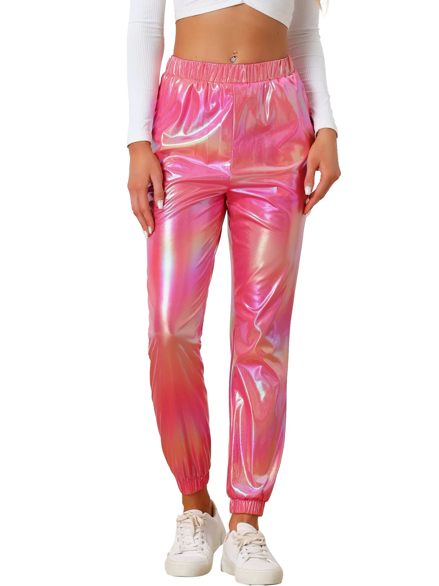 Metallic Trousers Shiny Sparkle Elastic Waist Holographic Pants