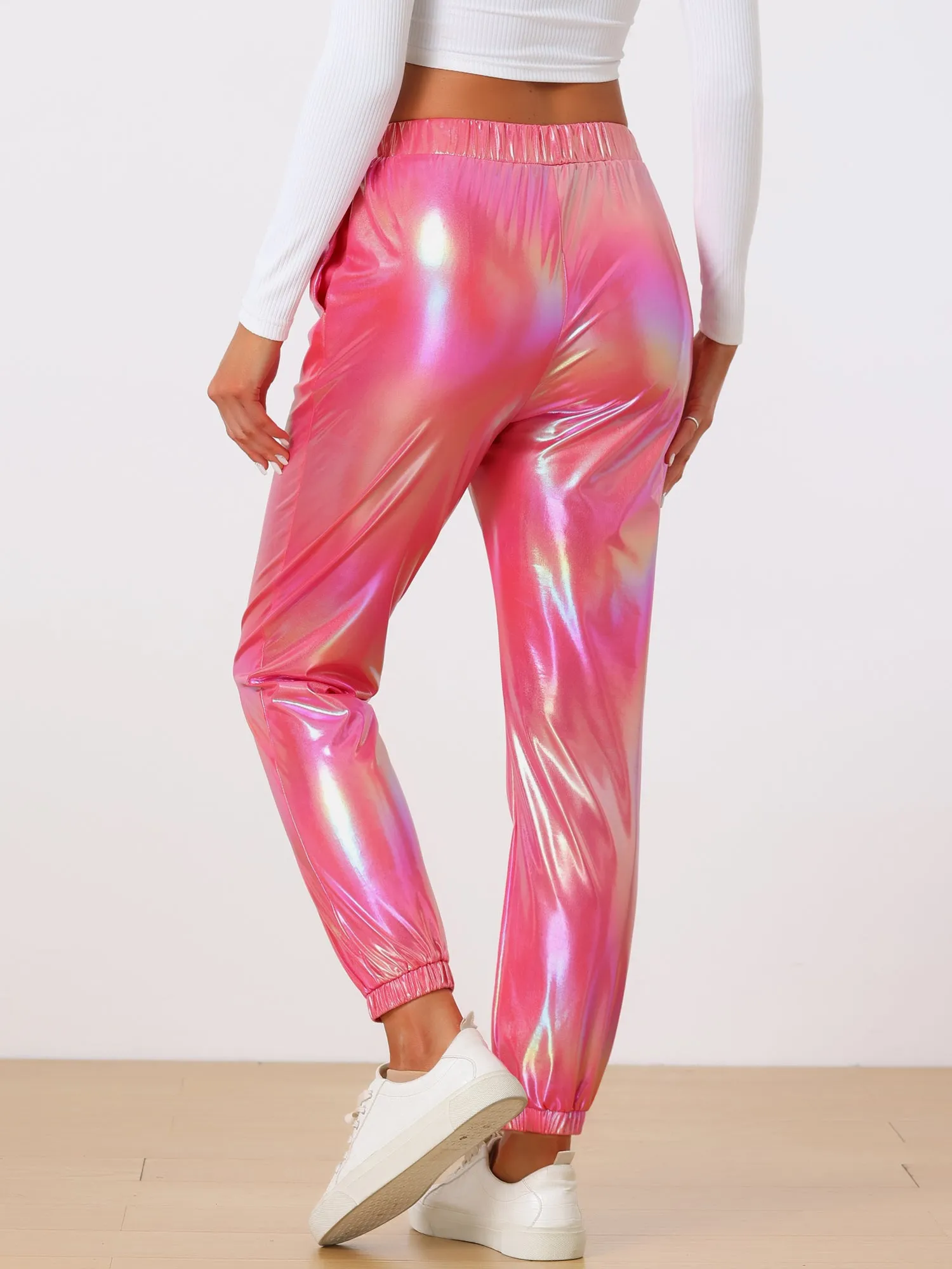 Metallic Trousers Shiny Sparkle Elastic Waist Holographic Pants