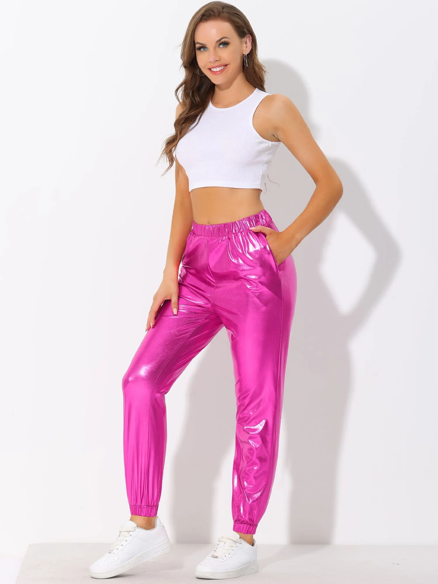 Metallic Trousers Shiny Sparkle Elastic Waist Holographic Pants