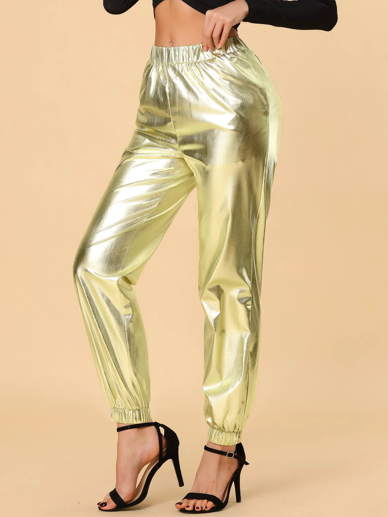 Metallic Trousers Shiny Sparkle Elastic Waist Holographic Pants