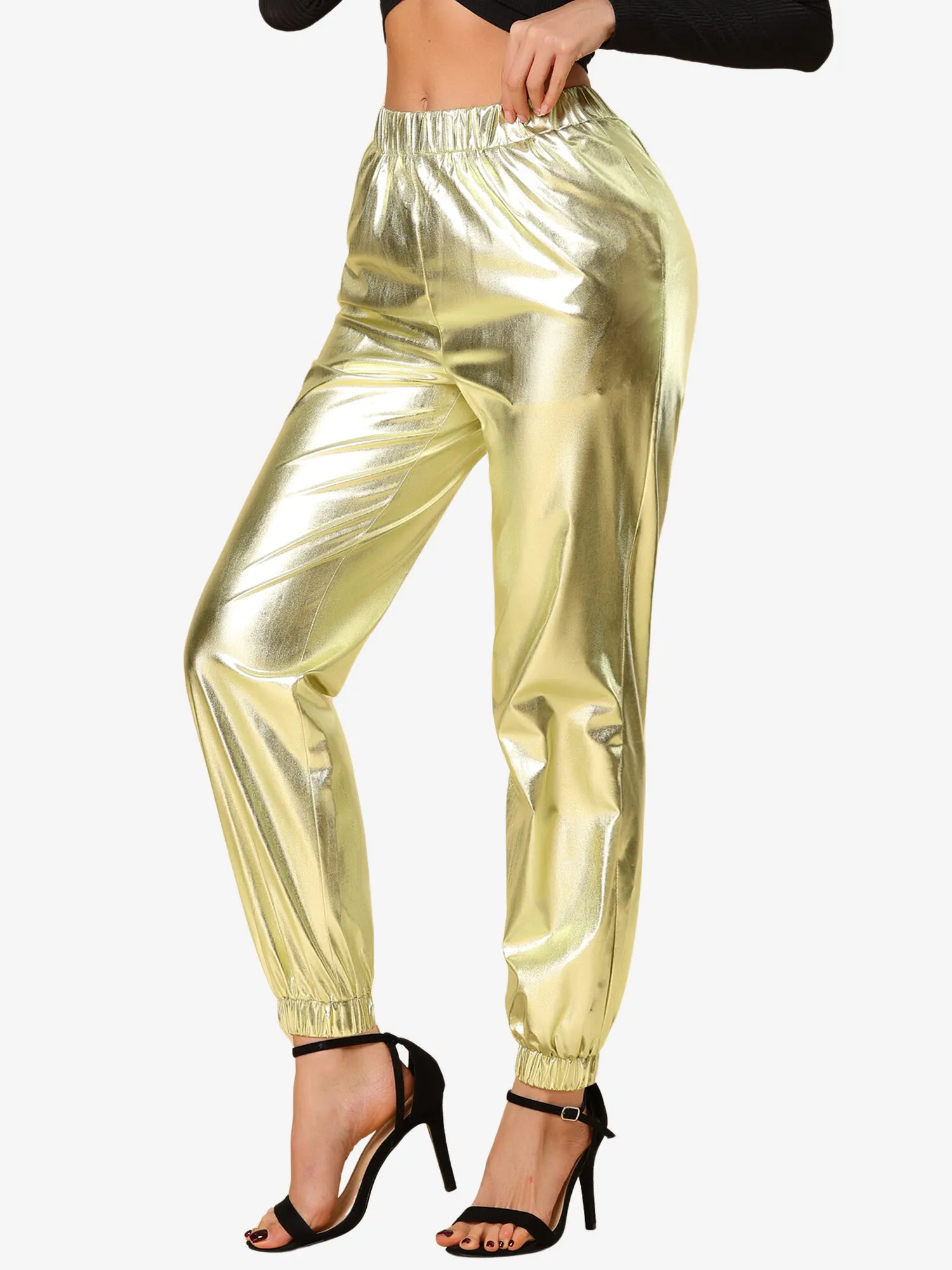 Metallic Trousers Shiny Sparkle Elastic Waist Holographic Pants