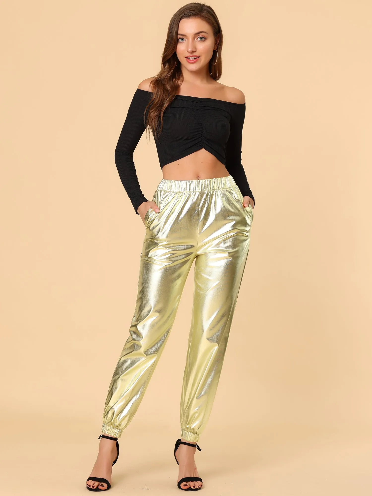 Metallic Trousers Shiny Sparkle Elastic Waist Holographic Pants