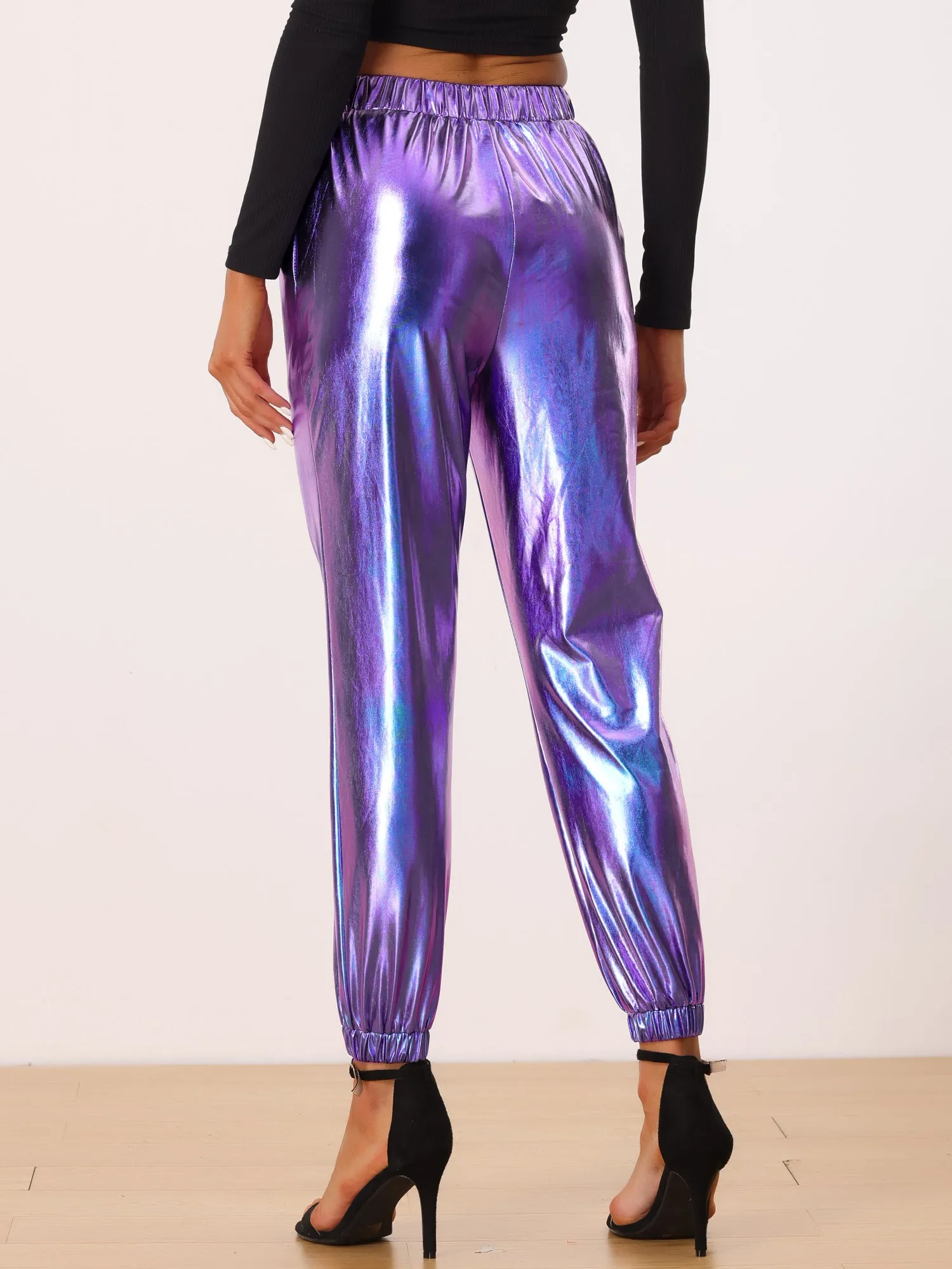 Metallic Trousers Shiny Sparkle Elastic Waist Holographic Pants