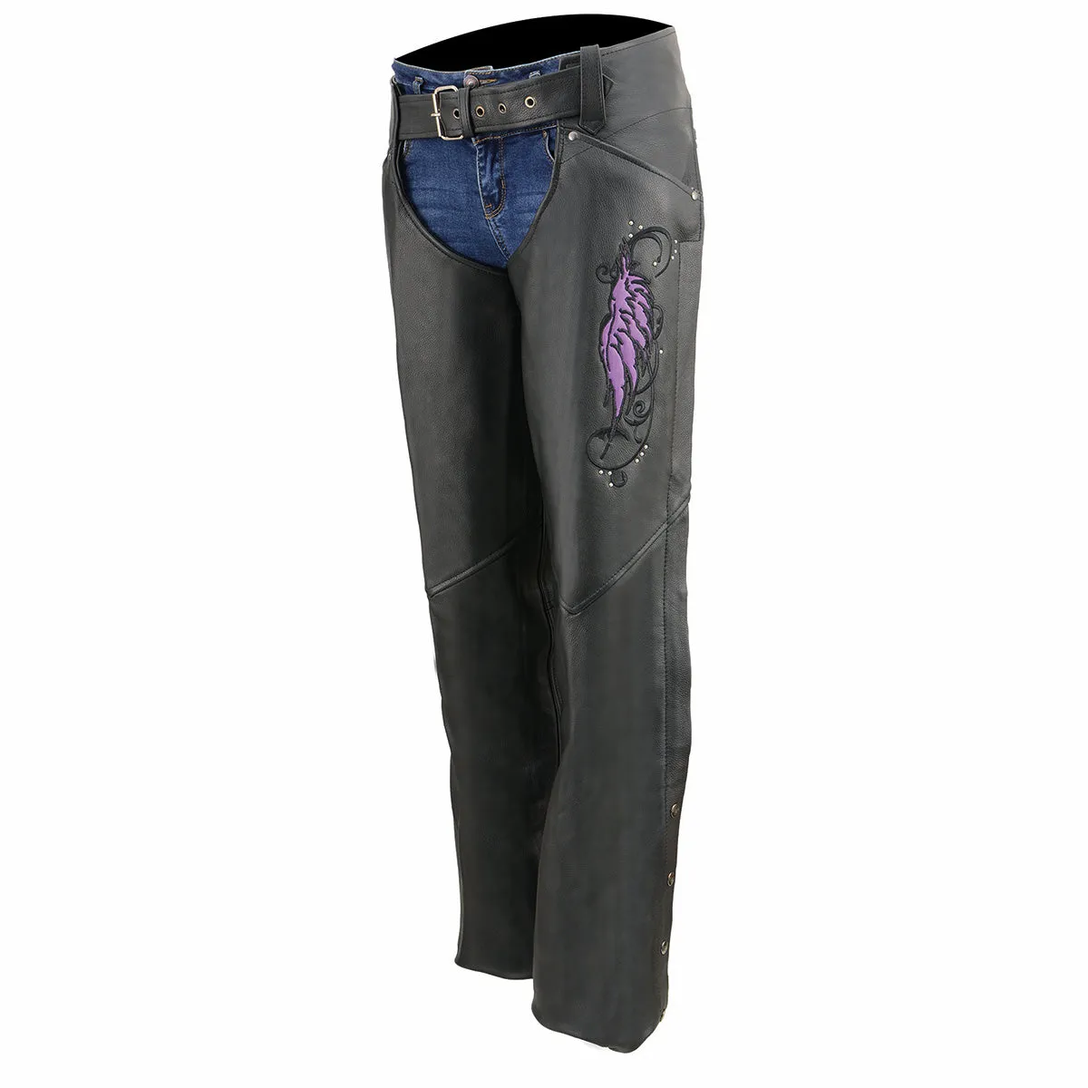 Milwaukee Leather Chaps for Women Black Naked Skin- Classic Black and Purple Wing Embroidery Motorcycle Chap ML1179