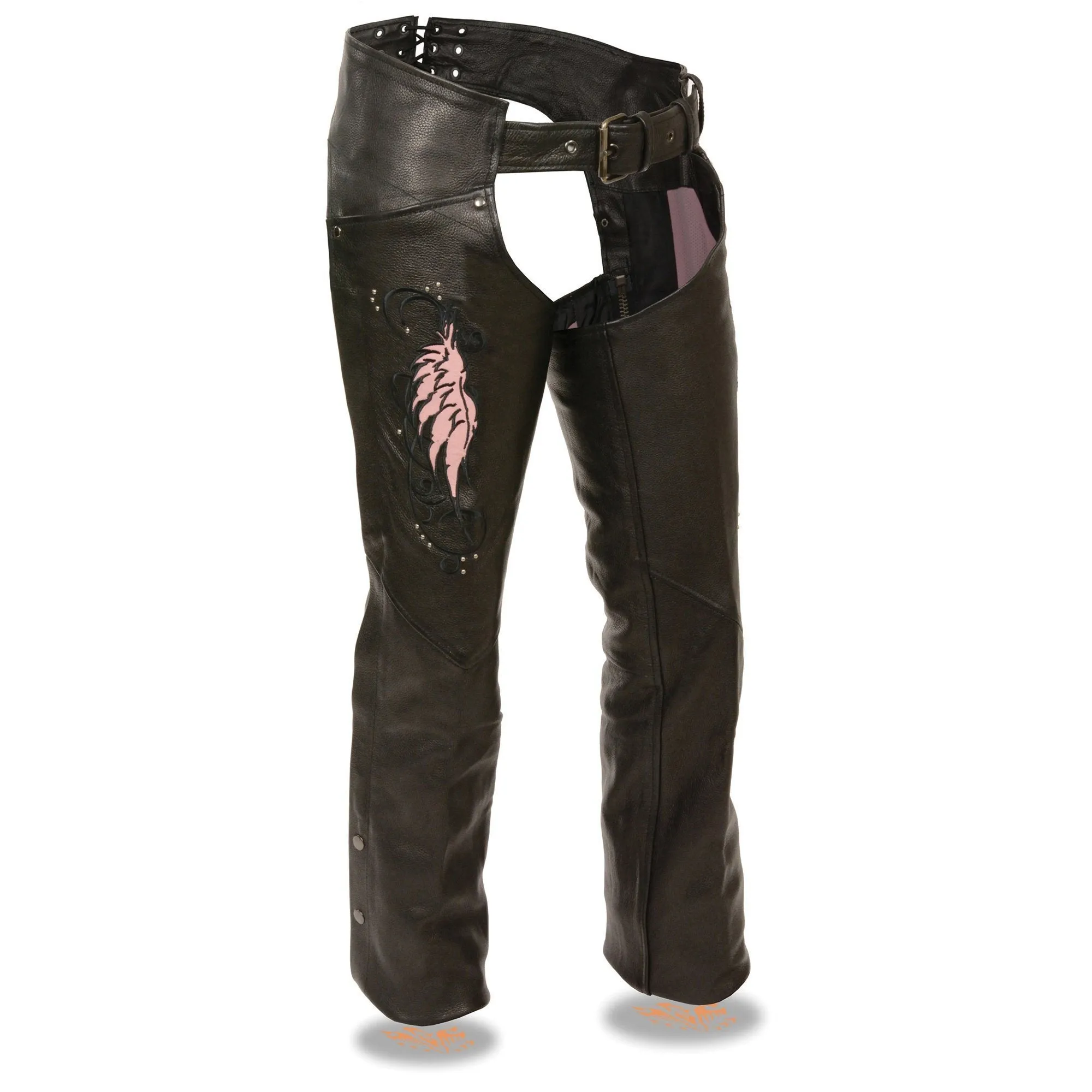 Milwaukee Leather Chaps for Women Black Naked Skin- Classic Black with Pink Color Wing Embroidery Motorcycle Chap- ML1179