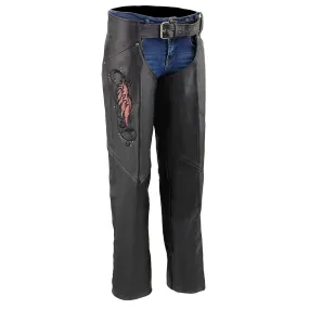 Milwaukee Leather Women's Classic Black Premium Leather Motorcycle Chaps w/ Pink Wing Embroidery-ML1179