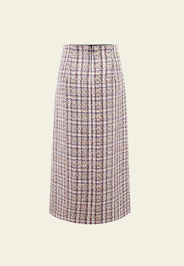 Mixed Tweed Lapel Calf Length Slit Skirt