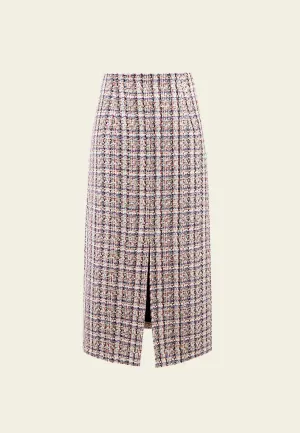 Mixed Tweed Lapel Calf Length Slit Skirt