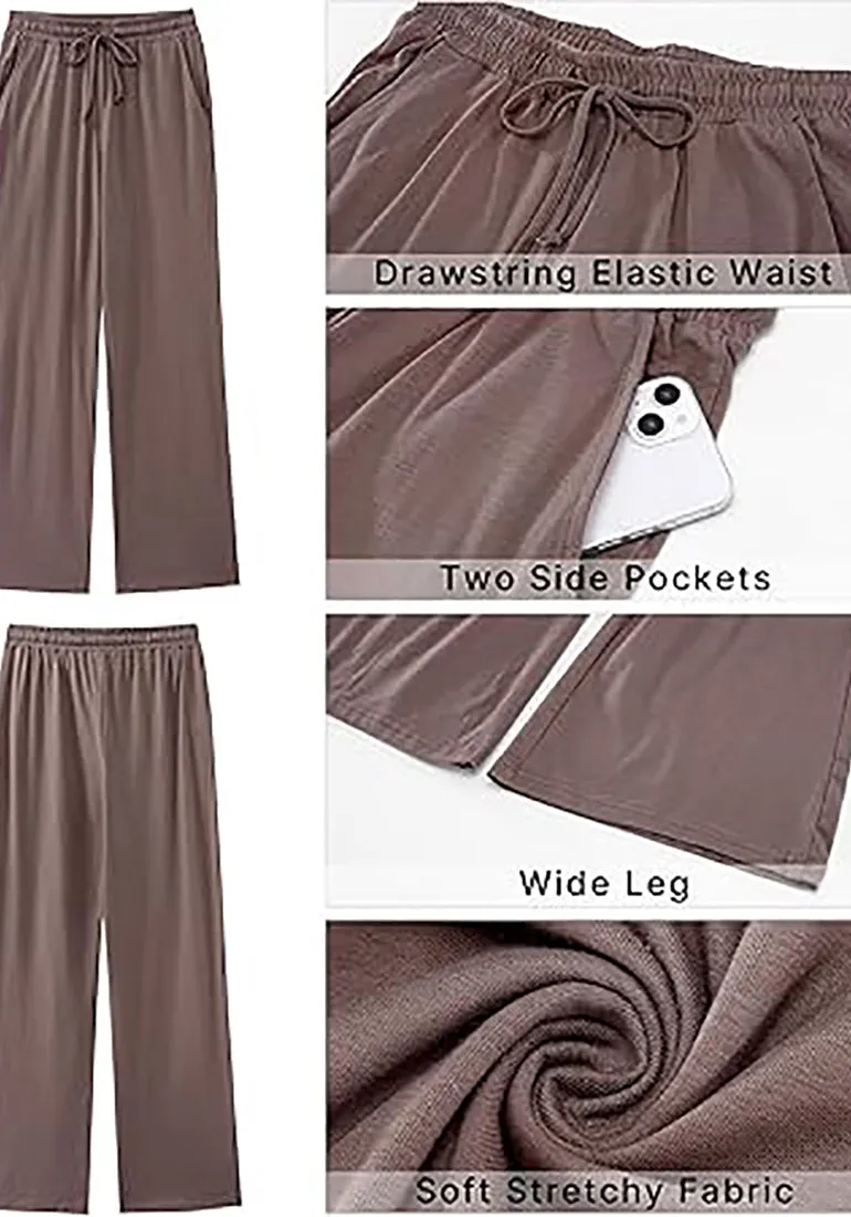 Mocha Women's Casual Elastic Waist Full Length Relaxed Fit Stretch Wide Leg Pants Side Pocket