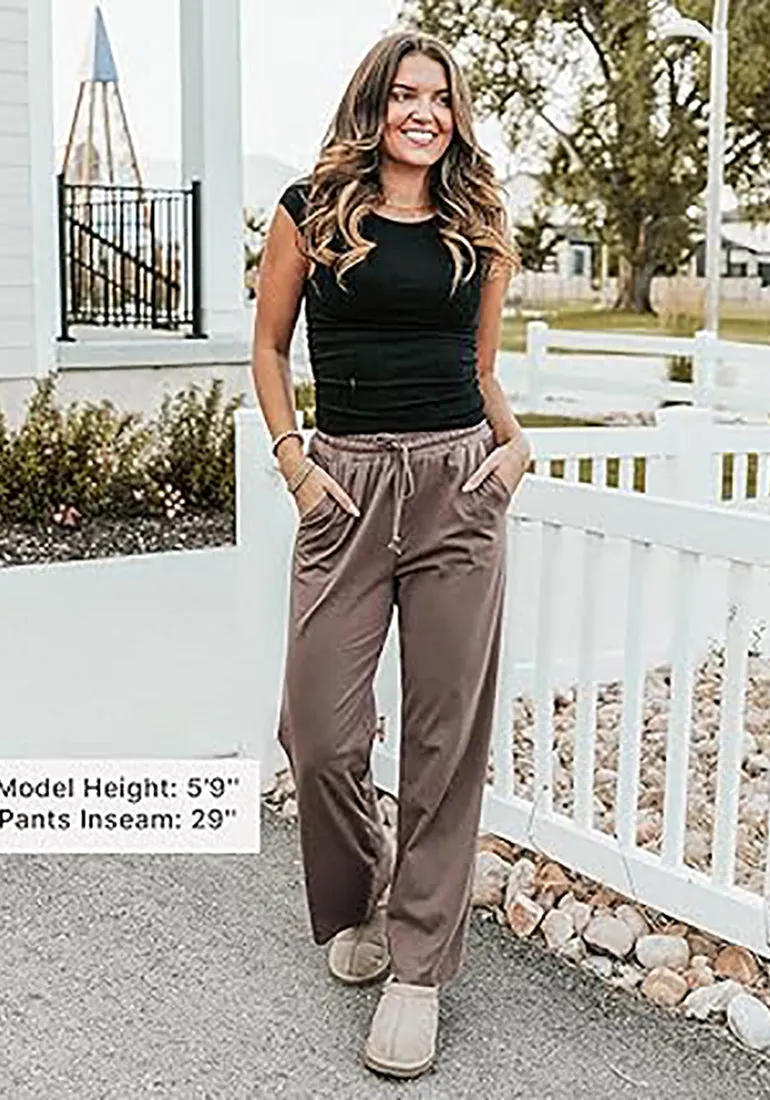 Mocha Women's Casual Elastic Waist Full Length Relaxed Fit Stretch Wide Leg Pants Side Pocket