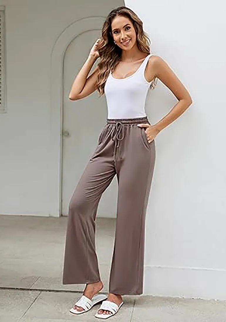 Mocha Women's Casual Elastic Waist Full Length Relaxed Fit Stretch Wide Leg Pants Side Pocket