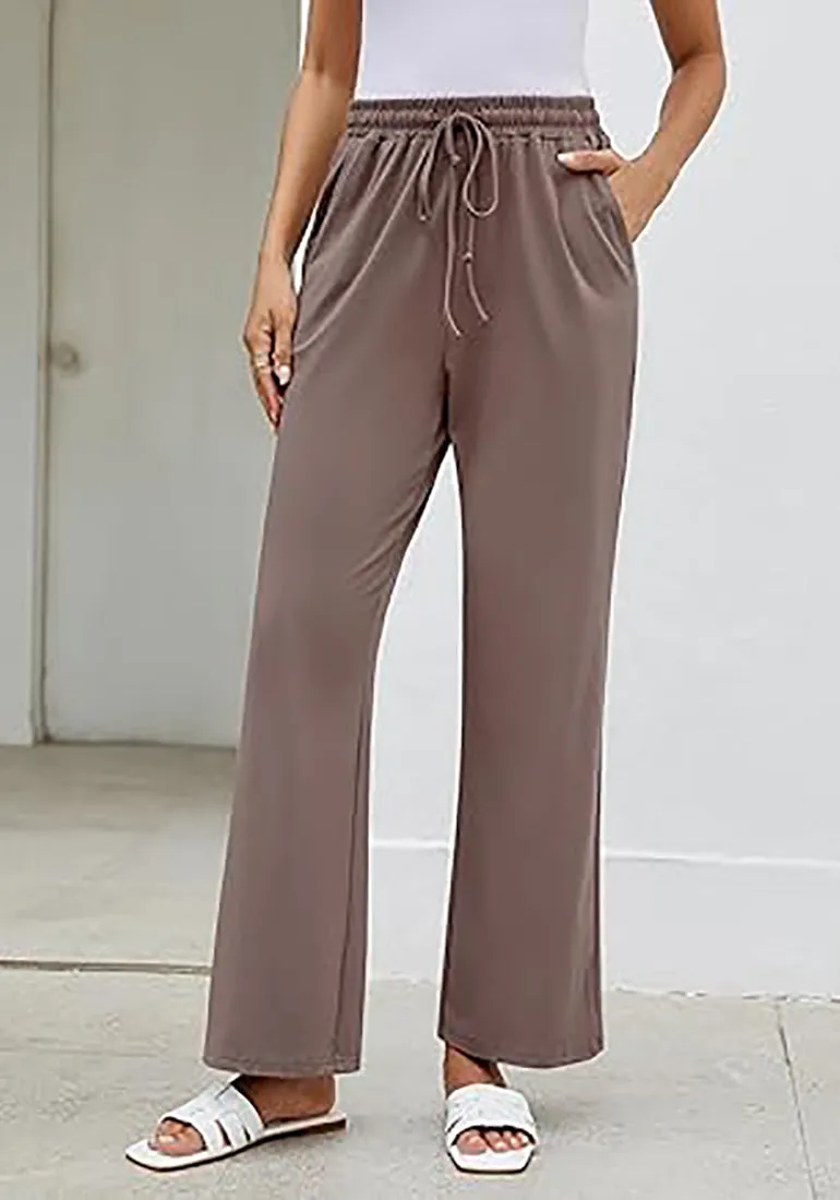 Mocha Women's Casual Elastic Waist Full Length Relaxed Fit Stretch Wide Leg Pants Side Pocket