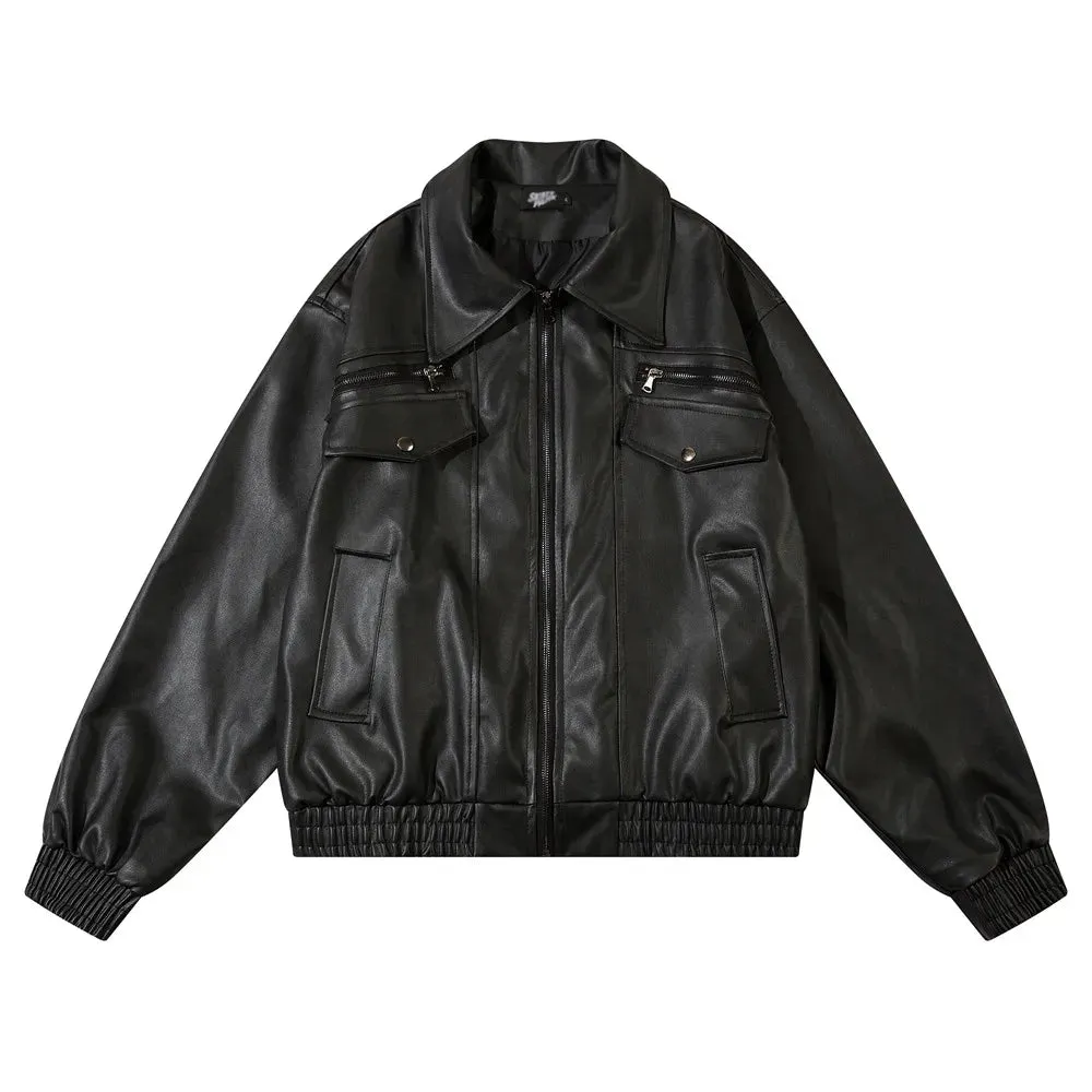 Motorcycle Leather Jacket Mens Streetwear Lapel Zipper Long Sleeve Jacket