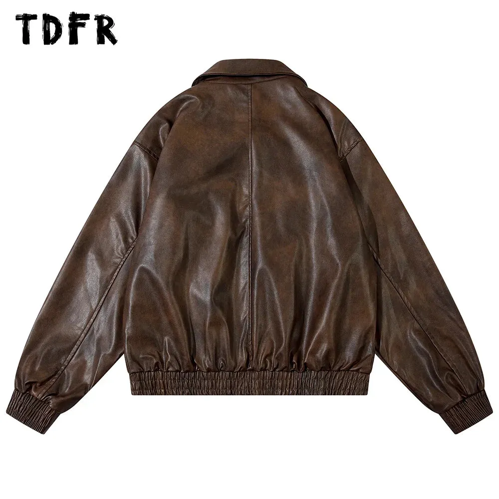 Motorcycle Leather Jacket Mens Streetwear Lapel Zipper Long Sleeve Jacket