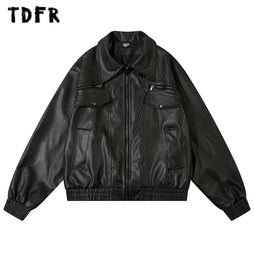 Motorcycle Leather Jacket Mens Streetwear Lapel Zipper Long Sleeve Jacket