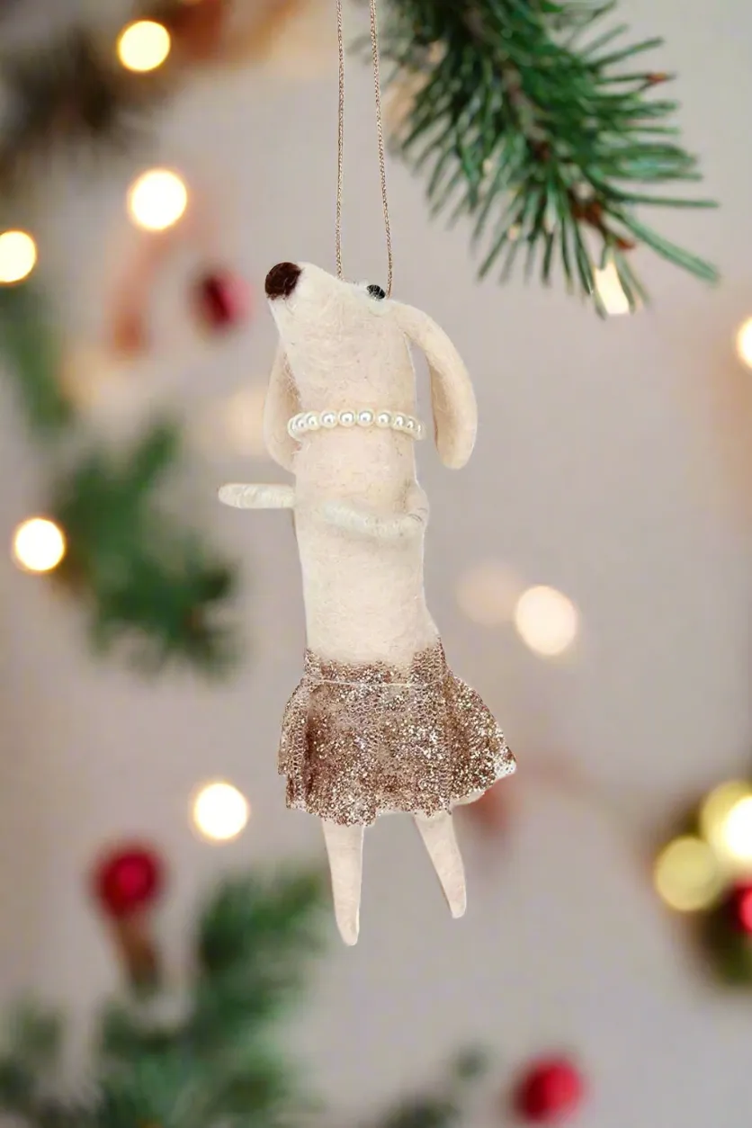 Mrs. Pearls Wool Dog Christmas Ornament