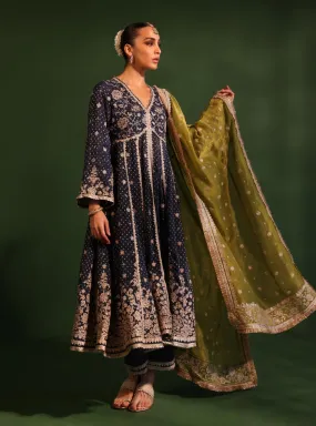 Mulmul Banarsi Rangeela Navy Anarkali Kurta With Mulmul Banarsi Rangeela Navy Pant