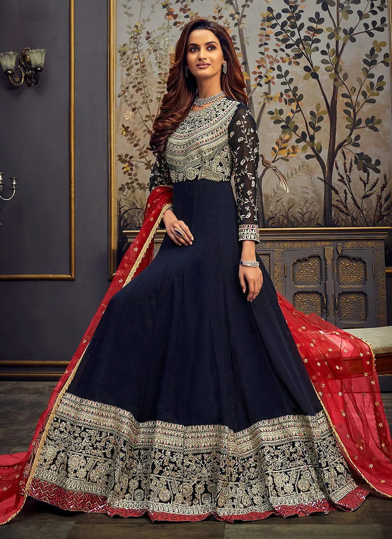 Navy Blue And Red Embroidered Anarkali Suit