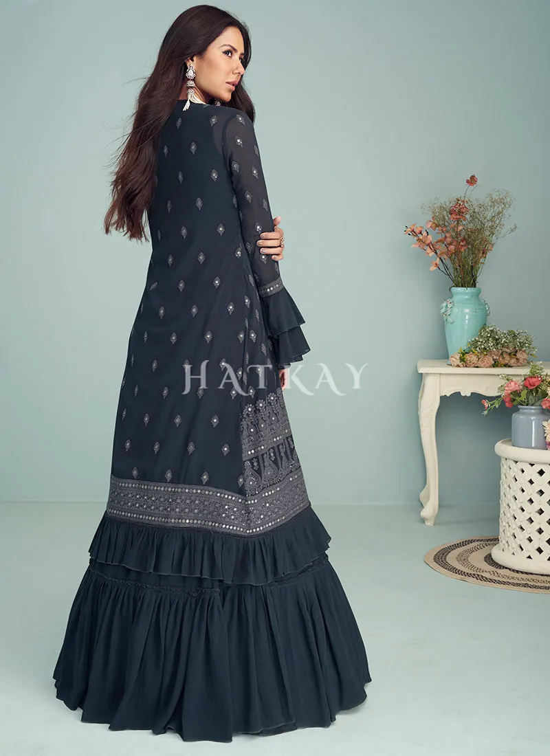 Navy Blue Embroidered Jacket Style Anarkali Suit