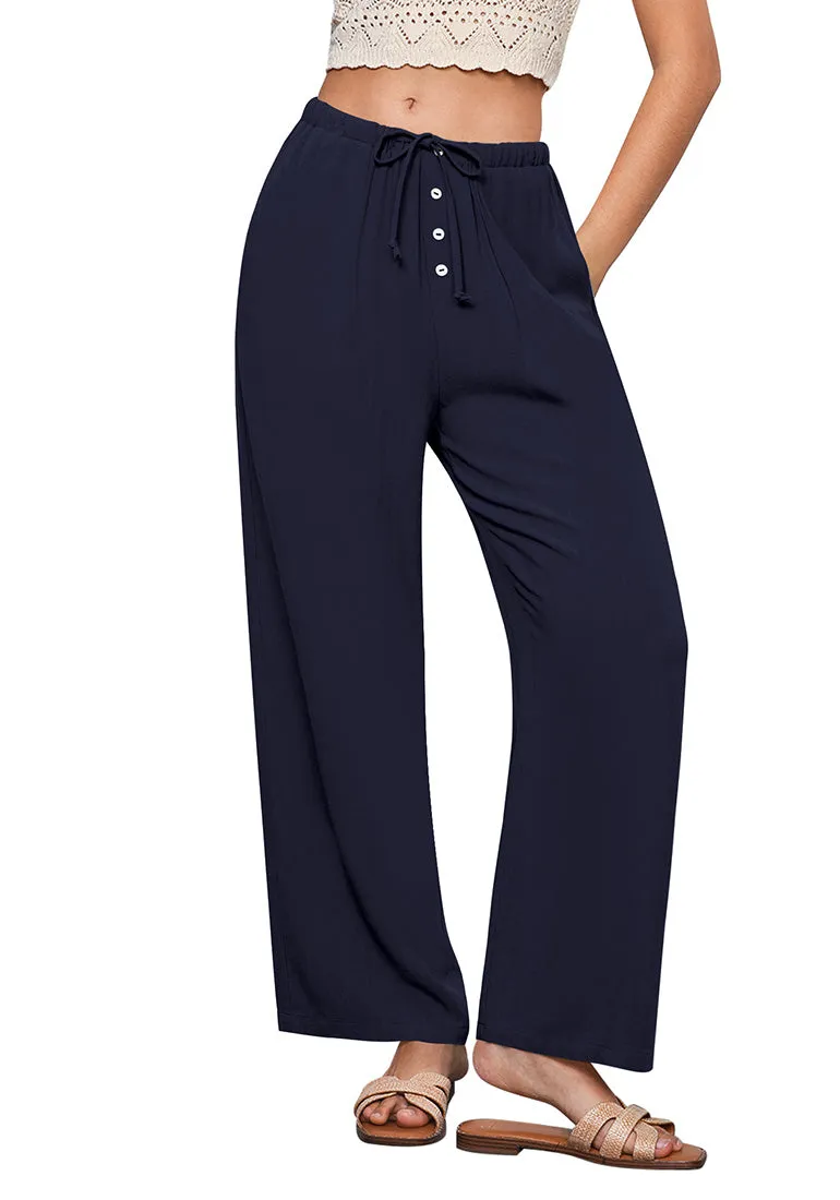 Navy Blue Lightweight Casual Quick Dry Breathable Comfy Wide Leg Pant Elastic Waist