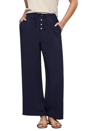 Navy Blue Lightweight Casual Quick Dry Breathable Comfy Wide Leg Pant Elastic Waist