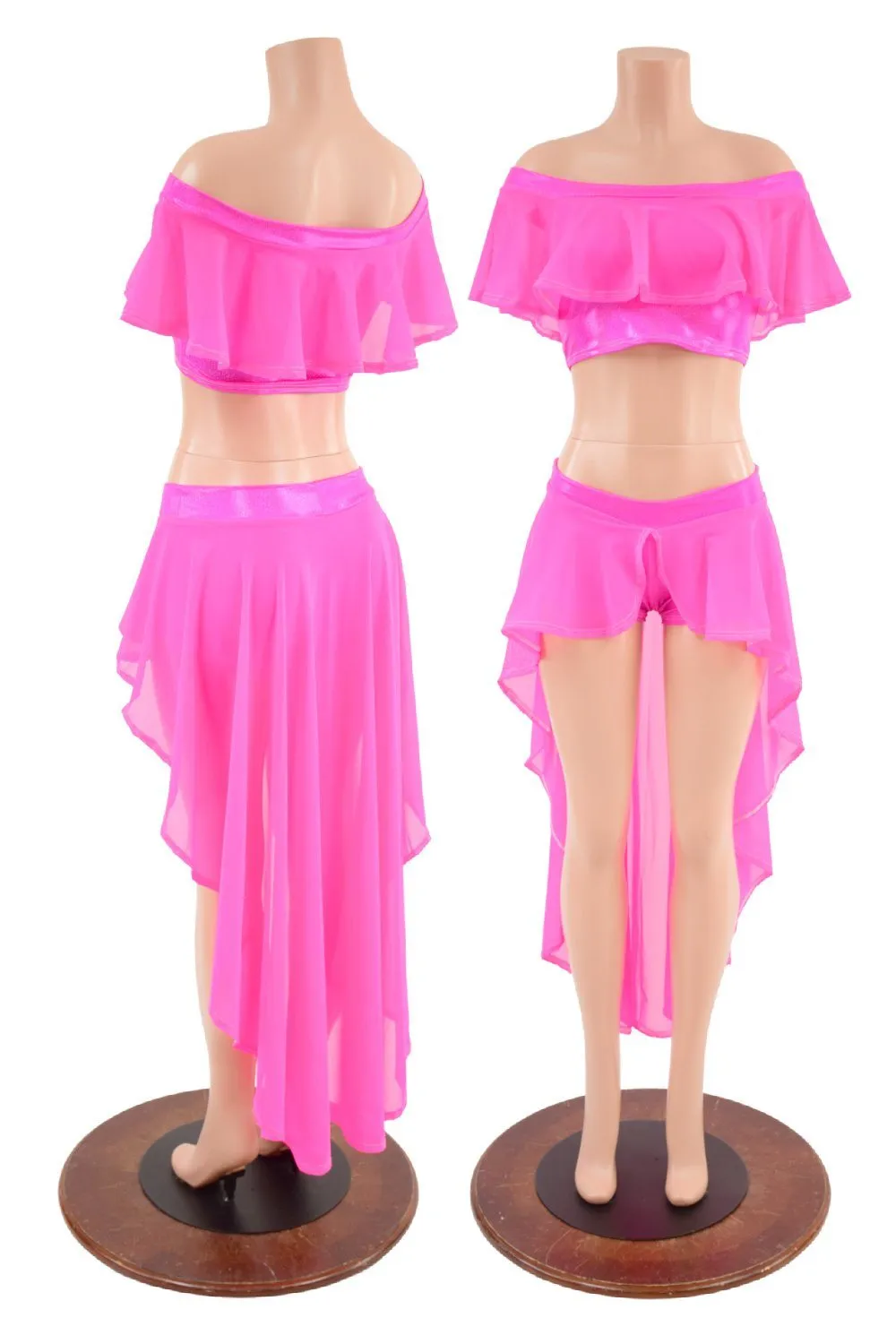 Neon Pink Sheer Mesh Off Shoulder Top & Shorts Set