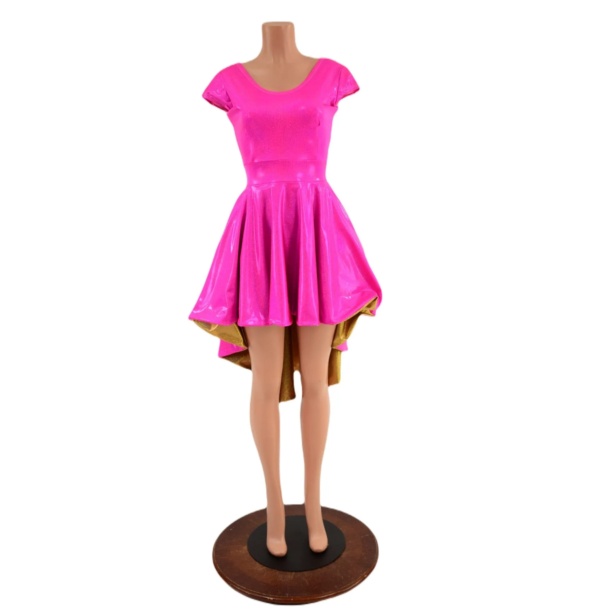 Neon Pink Sparkly Hi Lo Skater Dress with Gold Skirt Lining