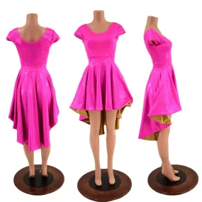 Neon Pink Sparkly Hi Lo Skater Dress with Gold Skirt Lining