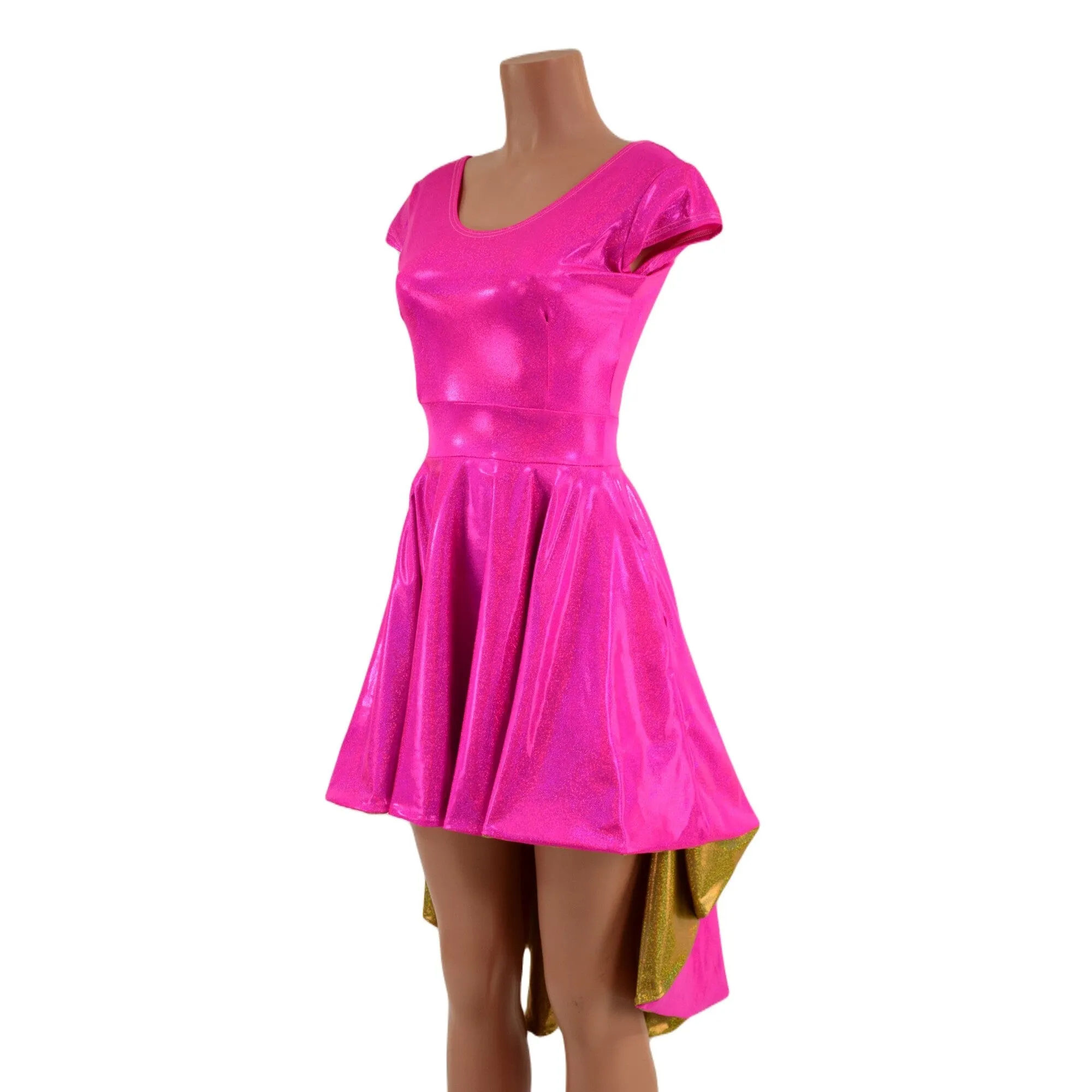 Neon Pink Sparkly Hi Lo Skater Dress with Gold Skirt Lining