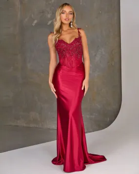 Niki Corset Satin Gown - Ruby