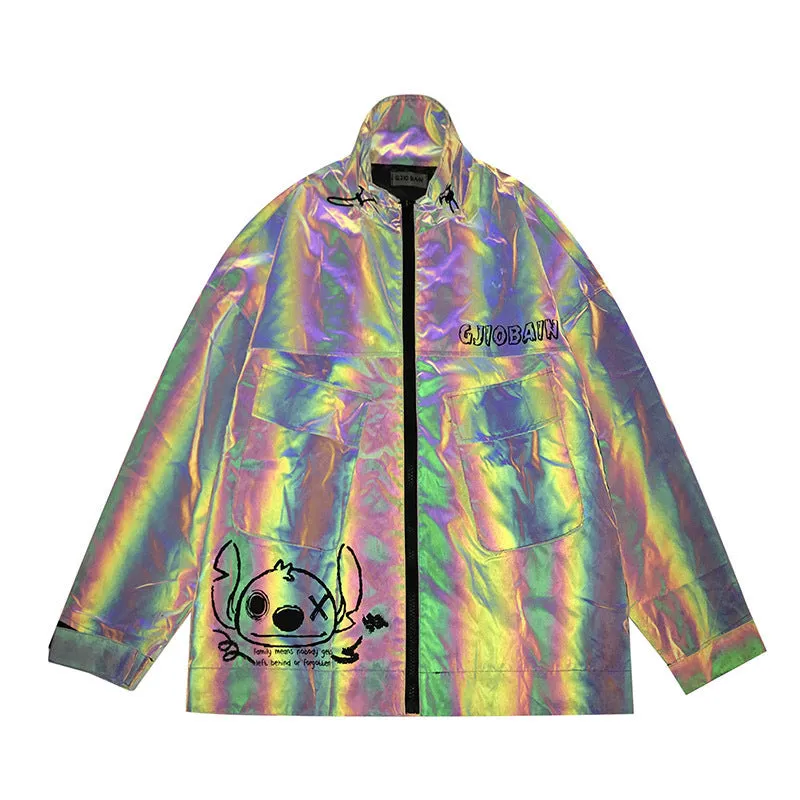 Ohana Rare Unisex Holographic Loose Windbreaker Colorful Jacket Size S, M, L, XL