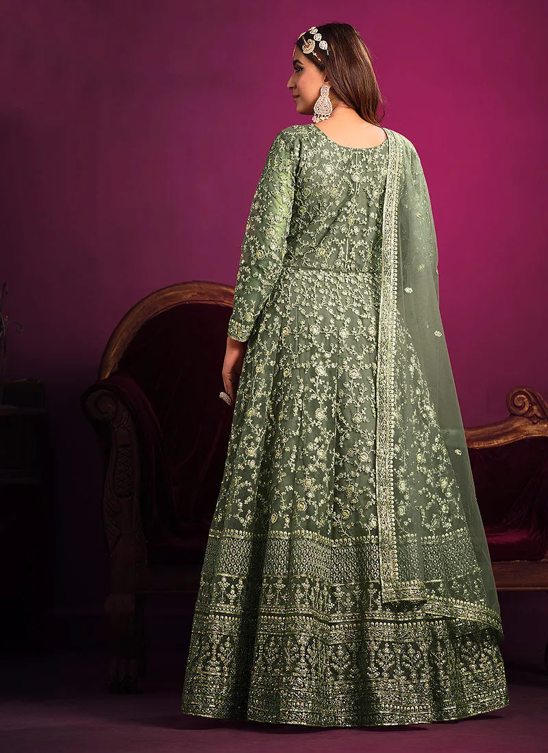 Olive Green Embroidery Festive Anarkali Suit