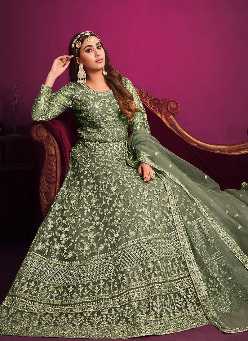 Olive Green Embroidery Festive Anarkali Suit