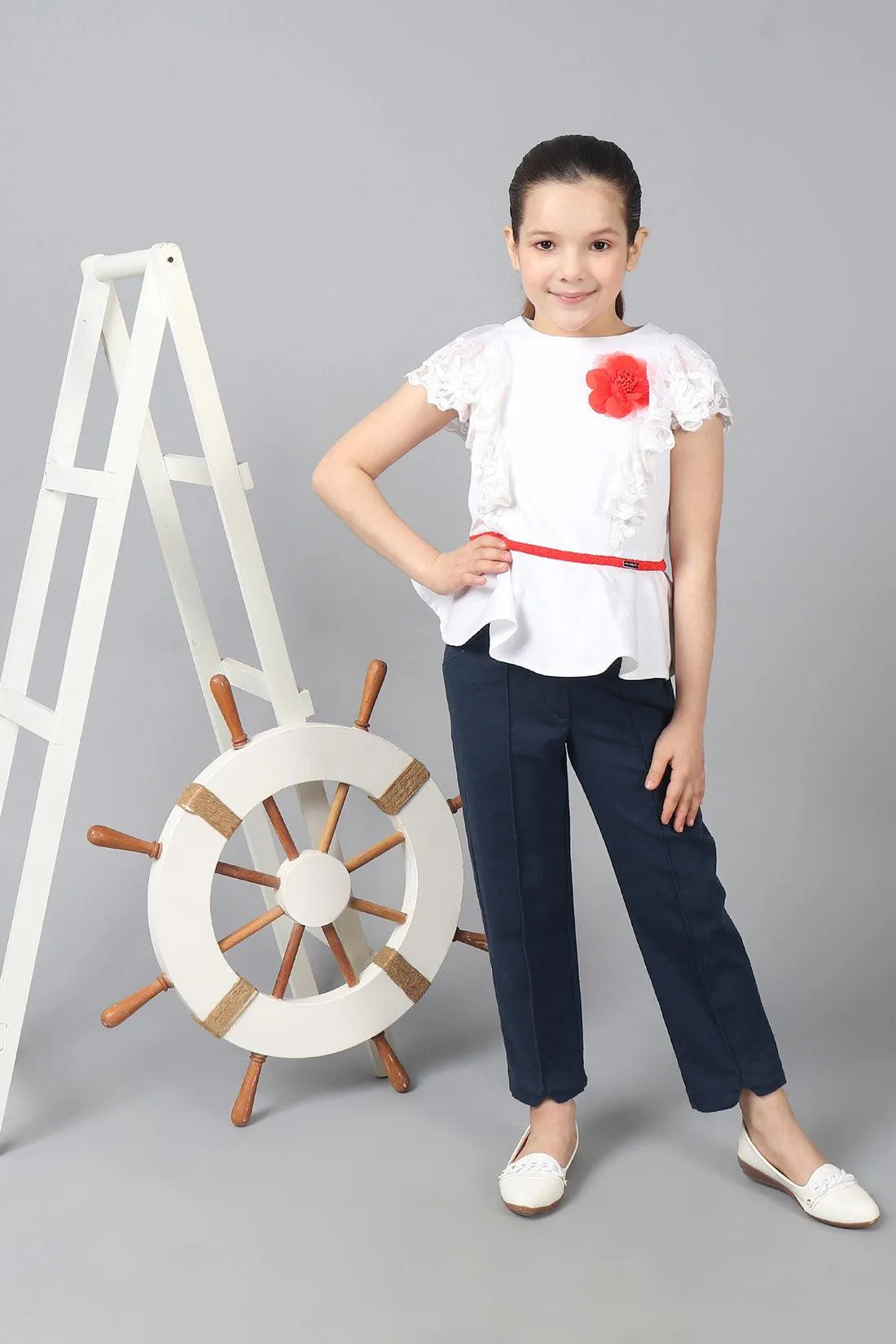 One Friday Kids Girls 100% Cotton Navy Blue Pants With Front Pocket and Embellishments