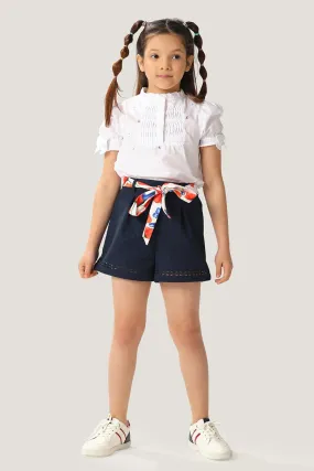 One Friday Kids Girls Navy Blue Cotton Embellishment Short